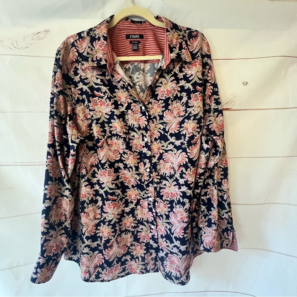 Women's Chaps Navy paisley Button Up Long Sleeve Shirt Sz 1X